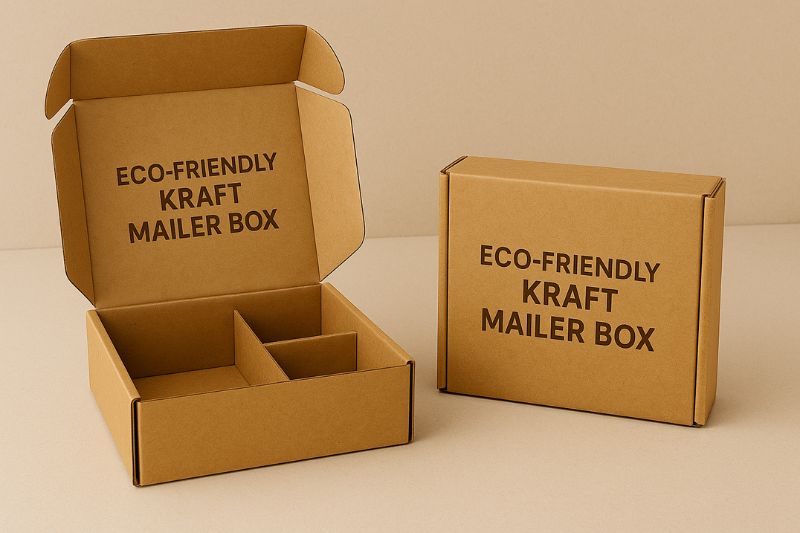 Eco Friendly Kraft Paper Mailer Boxes Open And Folded Showing Natural Brown