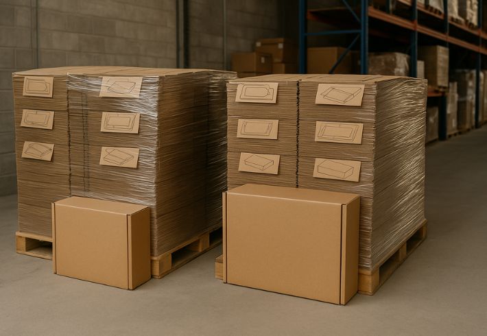 Fully Produced, Flat-Packed Custom Mailer Boxes In A Warehouse, Ready For Global Delivery.