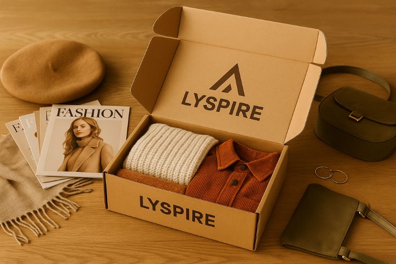 Kraft Mailer Box With Seasonal Fashion Items And Styling Guides For Subscription Service