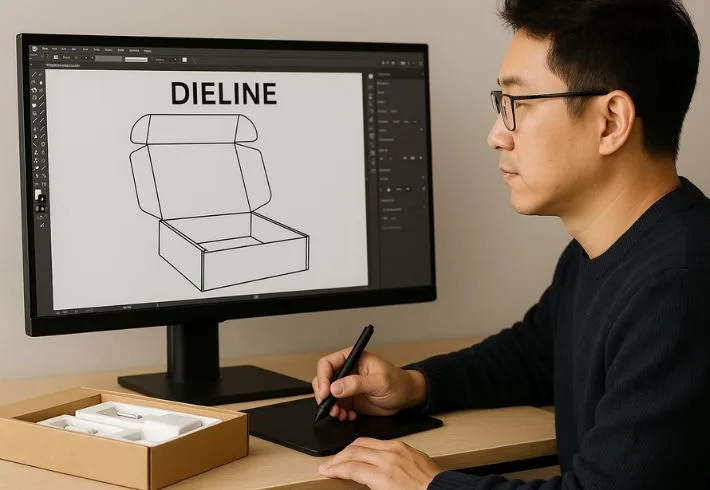 Packaging Designer Creating A Custom Box Dieline On A Computer During The Brief And Design Phase.